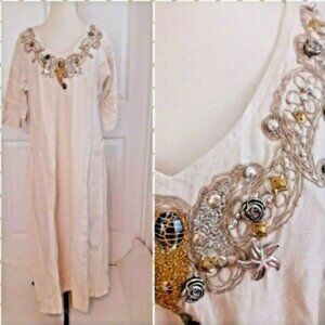 New Soft Surroundings Maxi Dress Small S Beige White Beach beaded wearab…